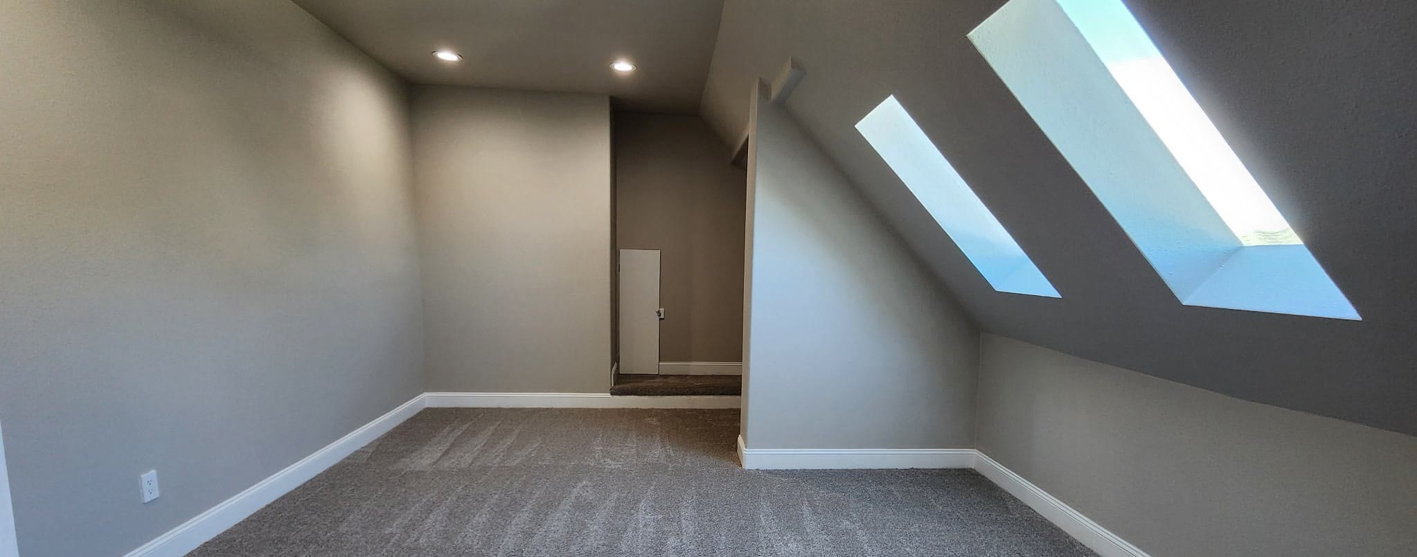Finished attic bonus room with painted drywall, skylights and carpet