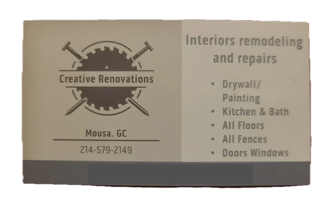 The Creative Renovations business card, listing interiors remodeling and repairs